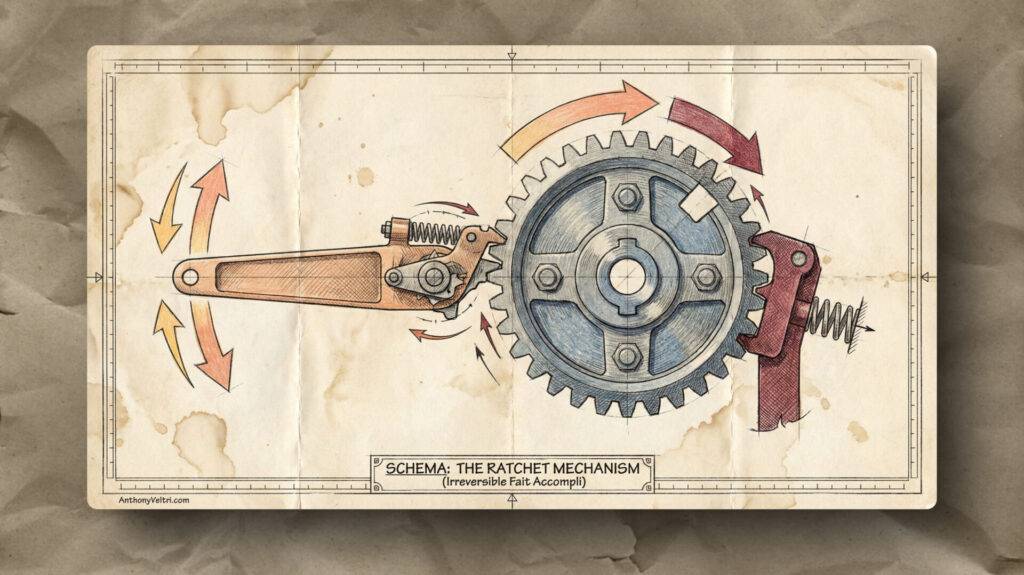A vintage-style technical drawing shows a ratchet mechanism with labeled arrows indicating one-way movement. The diagram includes a toothed gear, a spring-loaded pawl, and levers, all outlined and shaded in blue, brown, and red on a worn, paper background.