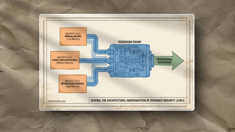 A diagram depicts three orange boxes labeled “Maturity Silo” (low, medium, high) feeding blue lines into a central “Federation Engine,” which outputs an arrow labeled “Operational Coherence.” The background looks like wrinkled brown paper.
