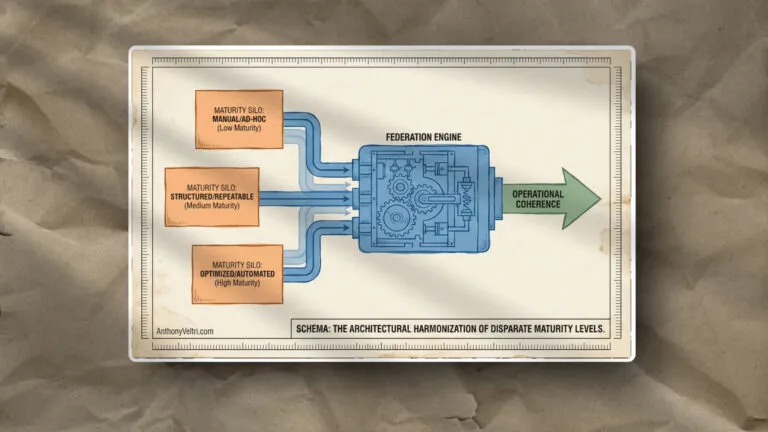 A diagram depicts three orange boxes labeled “Maturity Silo” (low, medium, high) feeding blue lines into a central “Federation Engine,” which outputs an arrow labeled “Operational Coherence.” The background looks like wrinkled brown paper.