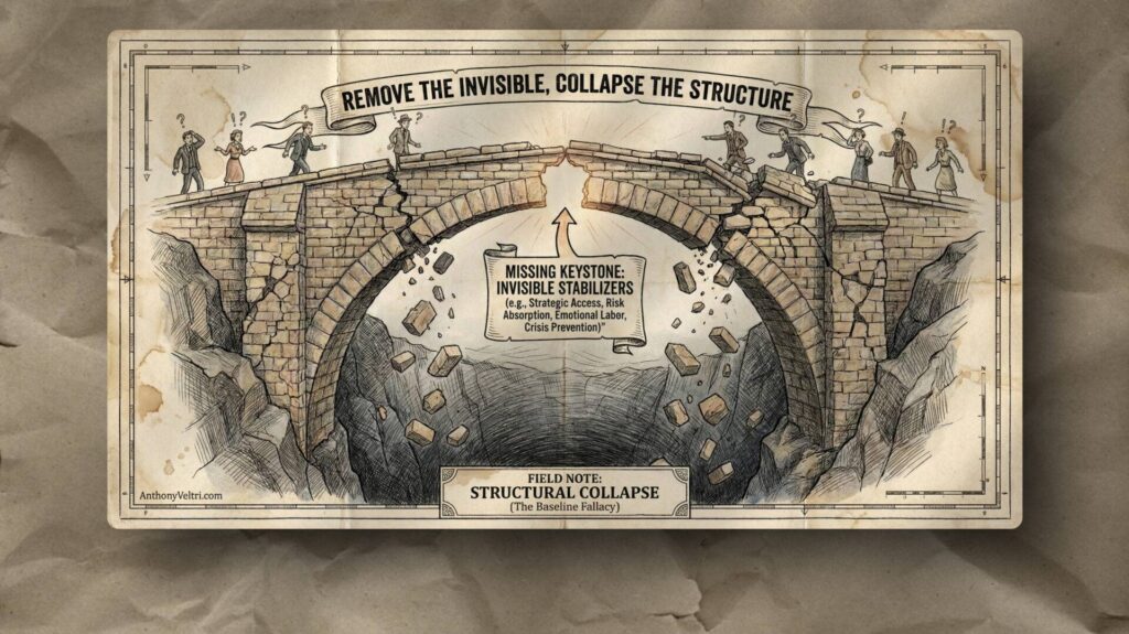 A hand-drawn illustration of a stone bridge collapsing at the center. A ghostly figure labeled “Invisible Labor (Removed)” is vanishing from the gap, causing stones to fall. Banner reads: