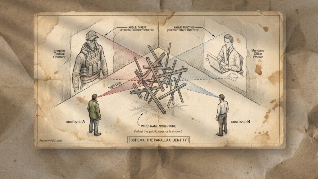 A sepia diagram shows two observers—one facing a tactical operator, the other facing an office worker—separated by a spiky wireframe sculpture. Colored lines link each observer’s view, illustrating different “angles” or perspectives on the central sculpture.