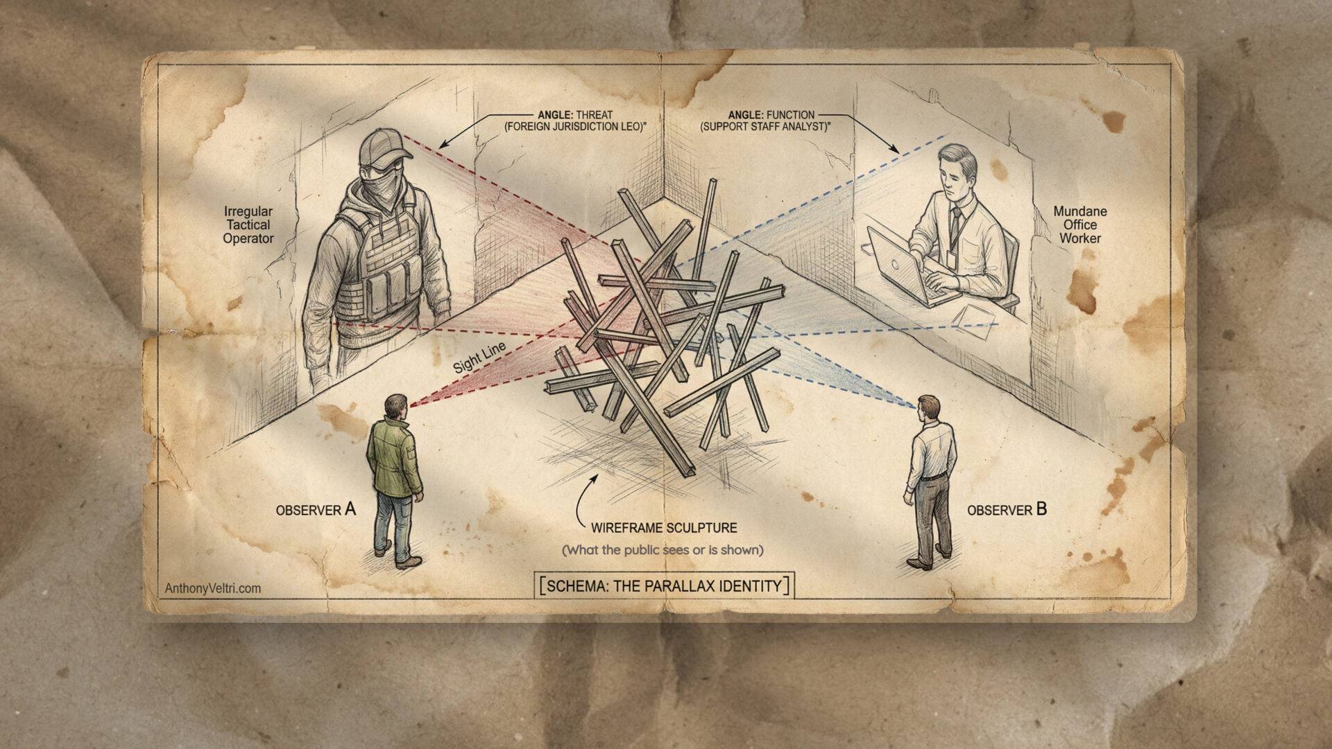 A sepia diagram shows two observers—one facing a tactical operator, the other facing an office worker—separated by a spiky wireframe sculpture. Colored lines link each observer’s view, illustrating different “angles” or perspectives on the central sculpture.