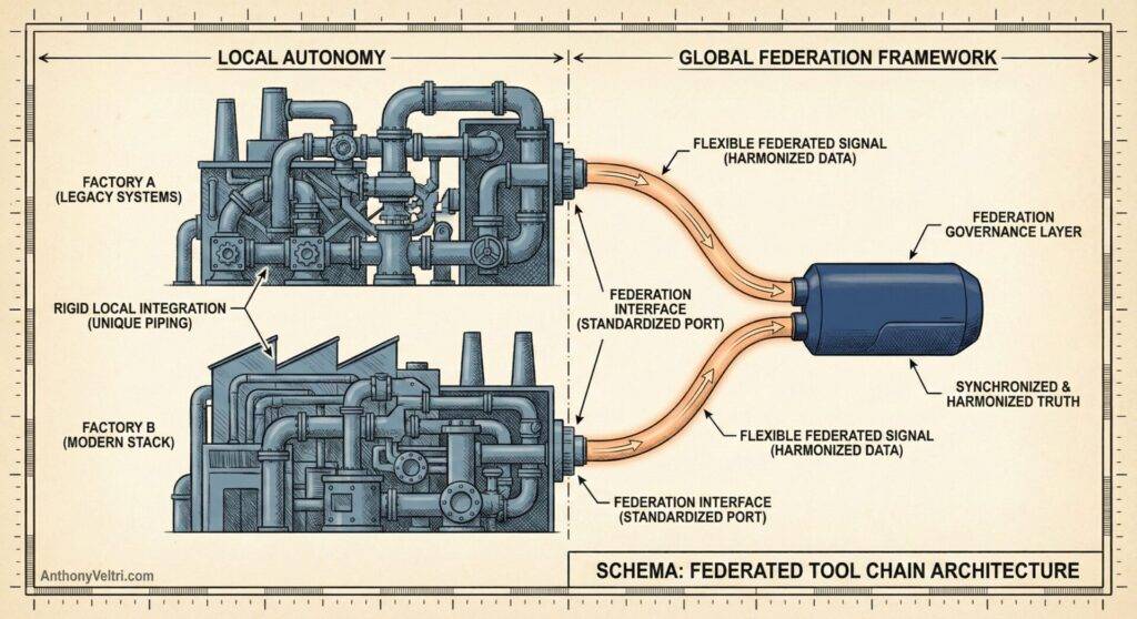 Diagram contrasting two factories—one with complex, rigid piping (legacy systems), another with simpler, modern stacks—both connecting via flexible, standardized interfaces to a central federation module, illustrating federated tool chain architecture. Labels annotate each element.