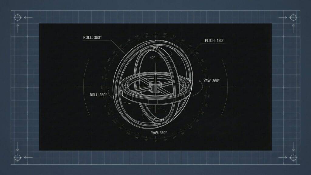 A technical blueprint shows a 3D gyroscope with three intersecting rings, labeled for roll (360°), pitch (180°), and yaw (360°) axes. Degree markings and arrows surround the rings. The blueprint sits on a blue grid background with measurement lines.