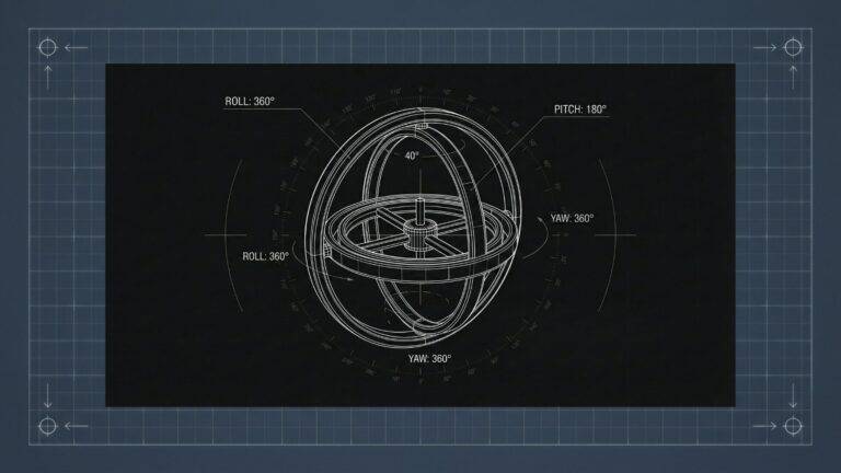 A technical blueprint shows a 3D gyroscope with three intersecting rings, labeled for roll (360°), pitch (180°), and yaw (360°) axes. Degree markings and arrows surround the rings. The blueprint sits on a blue grid background with measurement lines.