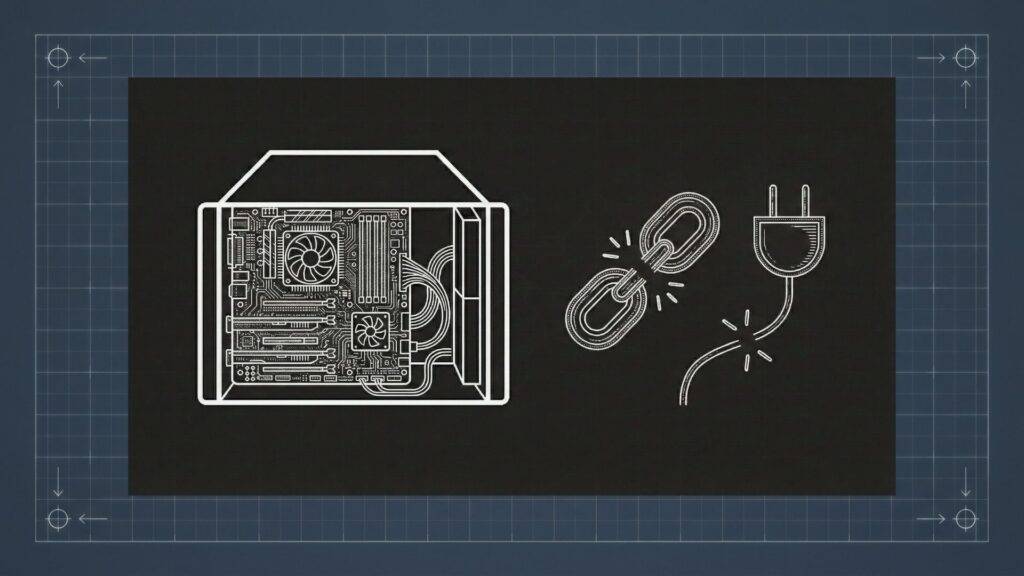 White line art shows a computer case with visible fan, motherboard, and GPU on the left, and a broken chain with a cracked power plug on the right, all on a dark background with a blue grid border suggesting technical design.