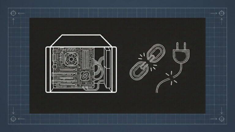White line art shows a computer case with visible fan, motherboard, and GPU on the left, and a broken chain with a cracked power plug on the right, all on a dark background with a blue grid border suggesting technical design.