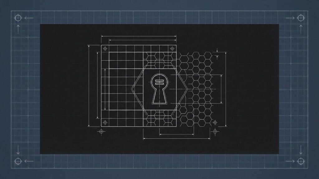 A technical blueprint features a keyhole symbol in a hexagon, overlaid with grid lines and honeycomb patterns, on a dark background. Precise measurement lines and blueprint markings surround the central design, suggesting themes of security and engineering.