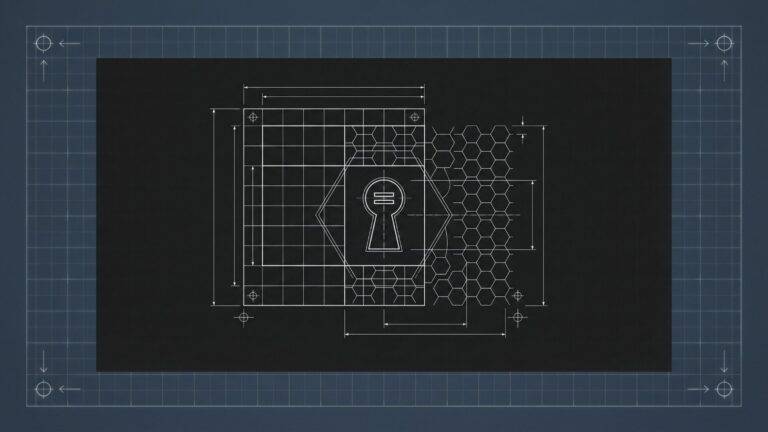 A technical blueprint features a keyhole symbol in a hexagon, overlaid with grid lines and honeycomb patterns, on a dark background. Precise measurement lines and blueprint markings surround the central design, suggesting themes of security and engineering.