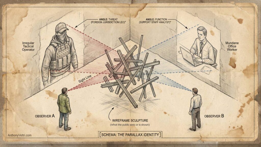 The Parallax Identity: The object in the center (the personnel) never changes, but the signal received depends entirely on the wrapper (the angle of observation). When a mundane function (Analyst) is presented through a kinetic wrapper (Tactical Operator), it acts as Institutional Aposematism. It projects a threat signal into a low-threat environment not to accomplish the current task, but to normalize the presence of the wrapper. If the public gets used to seeing plate carriers for paperwork today, the permission structure is already set for kinetic operations tomorrow.