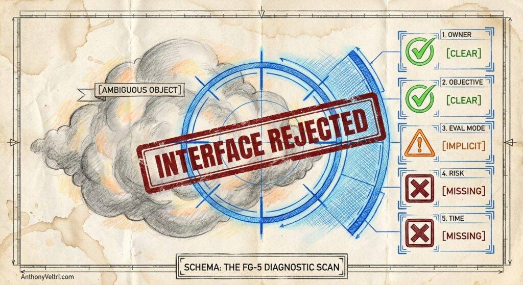 A technical diagram features a smoky, ambiguous object at the center, partially framed by a blue circular interface. A red “INTERFACE REJECTED” stamp overlays it. Right side lists five criteria with check or warning icons; two are marked missing, blocking approval.