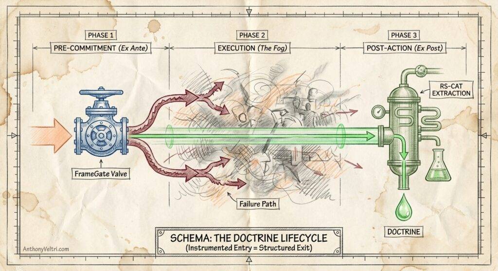 A diagram shows “The Doctrine Lifecycle” in three phases: Pre-Commitment (left, with a blue valve labeled “FrameGate Valve”), Execution (center, with swirling arrows labeled “Failure Path”), and Post-Action (right, with a distillation apparatus labeled “Doctrine”).