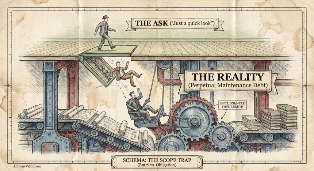 A suited man lifts a floor hatch labeled “The Ask” and peers below, while two people below struggle with complex machinery and gears labeled “The Reality”—symbolizing perpetual maintenance debt. Books and papers are scattered, highlighting overwhelming work.