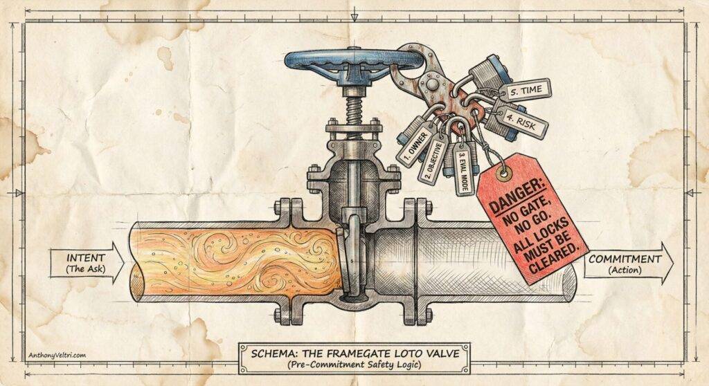 A detailed drawing of a pipe valve labeled “Schema: The Framegate LOTO Valve.” The left pipe, labeled “Intent (The Ask),” holds swirling liquid. The valve is stopped by many padlocks, each labeled with text like “Risk” and “Time,” and a red tag reading: “DANGER: NO GATE, NO GO.”.