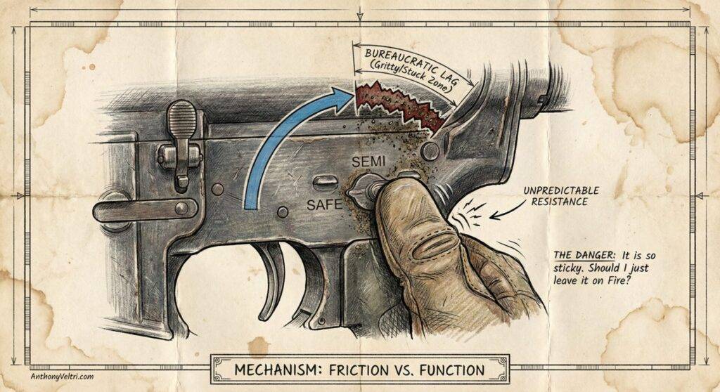An illustration of a rifle’s selector switch being moved past “Safe” and “Semi.” A large bureaucratic wall blocks the switch, labeled “Bureaucratic Lag.” Text notes “unpredictable resistance” and asks, “The danger: It is so sticky. Should I just leave it on Fire?”.
