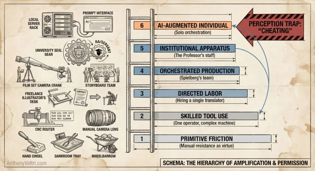 An illustrated ladder shows six levels of creative work, from primitive friction at the bottom to AI-augmented individual at the top. Each step lists tools or roles, with side graphics depicting related equipment and staff. The top warns of a "perception trap: cheating.