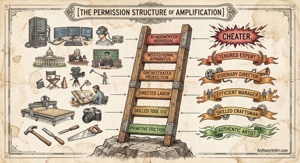 A detailed infographic shows a ladder labeled "Schema: The Hierarchy of Amplification & Permission" from "Primitive Friction" (manual resistance) to "AI-Augmented Individual." Each rung adds tools or collaboration; a red warning highlights possible perception of "cheating" at the top.