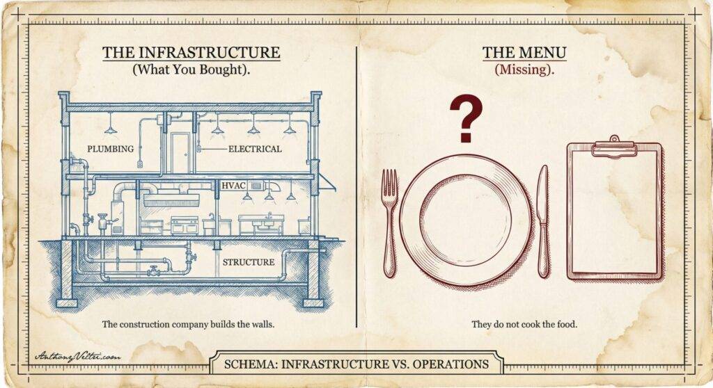 A diagram split in two: the left side shows a labeled blueprint-style drawing of a building's infrastructure (plumbing, electrical, HVAC, structure). The right side shows an empty plate, utensils, a clipboard, and a question mark, indicating a missing menu.