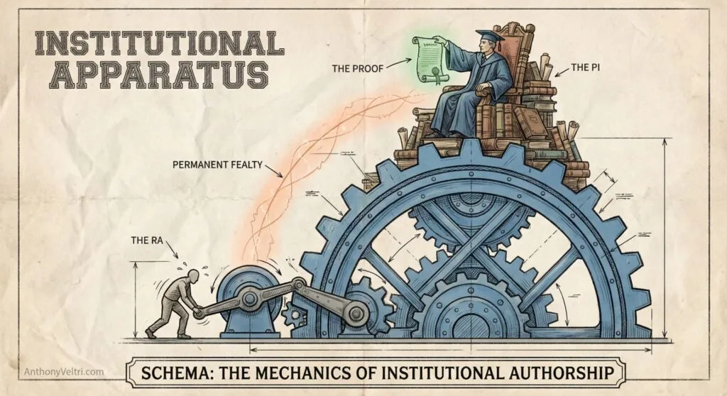 A satirical illustration shows a scholar in academic robes, holding a paper labeled "The Proof," sitting atop a throne made of books on a large gear. A smaller figure, labeled "The RA," pushes gears below, while arrows indicate a power dynamic labeled "Permanent Fealty.
