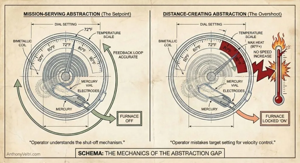 Two thermostat dials are compared. The left shows correct feedback, furnace off, with a hand pointing to the setpoint. The right shows an overshoot, furnace locked on, hand pointing to a red danger zone. Labels explain the difference in operator understanding.
