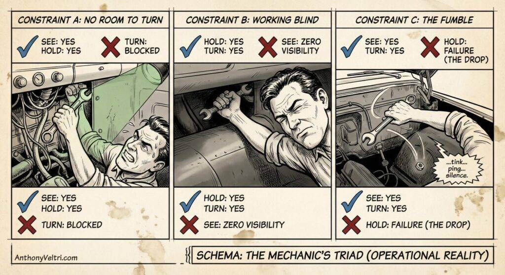 A three-panel comic shows a mechanic struggling with car repairs. Each panel lists constraints: no room to turn, working blind, and dropping a part, with checkboxes for 'see,' 'hold,' and 'yes/no.' The schematic illustrates the mechanic&rsquo;s common frustrations.