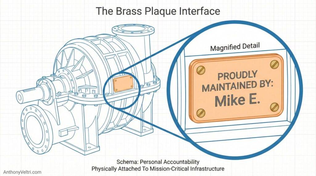 A technical diagram of machinery highlights a brass plaque reading "PROUDLY MAINTAINED BY: Mike E." Magnified detail shows the plaque bolted on. Caption: "The Brass Plaque Interface." Subtext: schema for personal accountability on critical infrastructure.