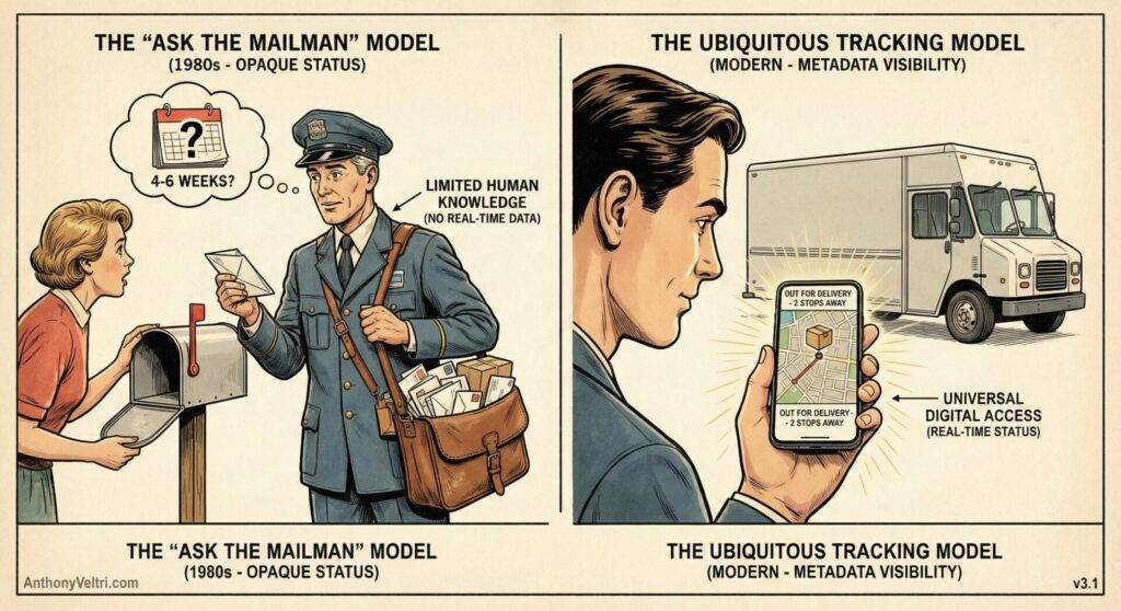 A split-panel illustration compares mail tracking: Left, a 1980s mailman hands a letter to a woman at her mailbox, showing limited info. Right, a modern parcel truck and a hand holding a phone with detailed package tracking and map, showing real-time delivery updates.