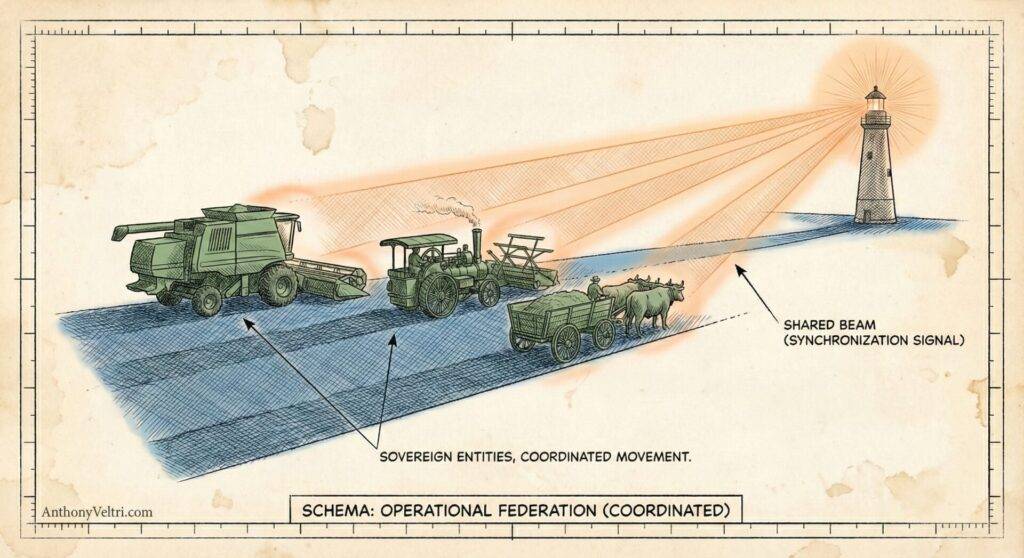 Three vehicles—a modern combine, a steam tractor, and an ox cart—move in sync toward a lighthouse emitting beams labeled “Shared Beam (Synchronization Signal),” illustrating diverse entities operating in coordinated movement. Text and vintage map style frame the image.