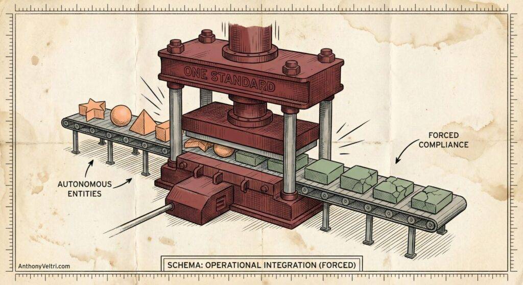A conveyor moves varied shapes labeled "Autonomous Entities" into a red press marked "One Standard," which forces them into uniform cubes labeled "Forced Compliance." The diagram’s title is “Schema: Operational Integration (Forced).”.