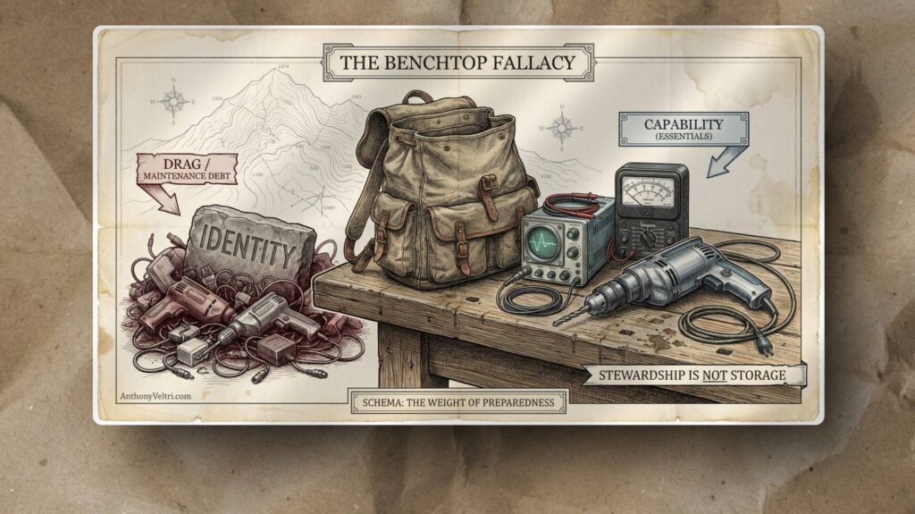 A detailed drawing shows a backpack on a wooden table, surrounded by tools on the left (drill, wrench, tape, camera) labeled “Capability,” and coiled rope with rocks on the right labeled “Drag/Identity.” A banner below reads “Schema: The Weight of Preparedness.”.