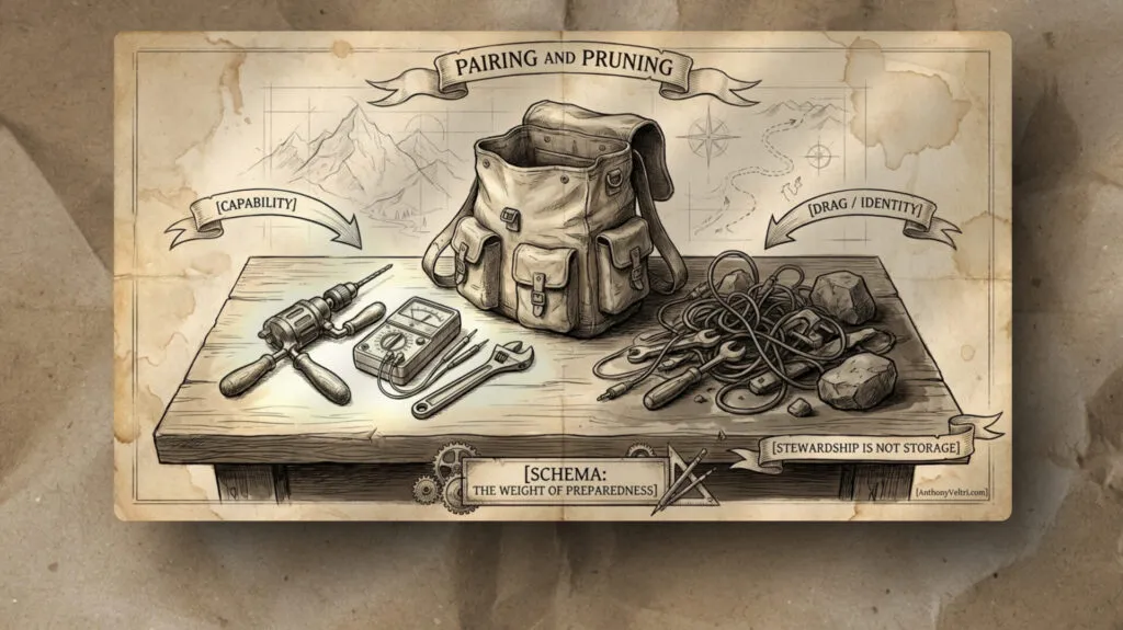A detailed drawing shows a backpack on a wooden table, surrounded by tools on the left (drill, wrench, tape, camera) labeled “Capability,” and coiled rope with rocks on the right labeled “Drag/Identity.” A banner below reads “Schema: The Weight of Preparedness.”.