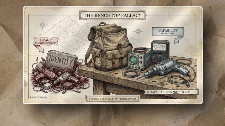 A detailed drawing shows a backpack on a wooden table, surrounded by tools on the left (drill, wrench, tape, camera) labeled “Capability,” and coiled rope with rocks on the right labeled “Drag/Identity.” A banner below reads “Schema: The Weight of Preparedness.”.