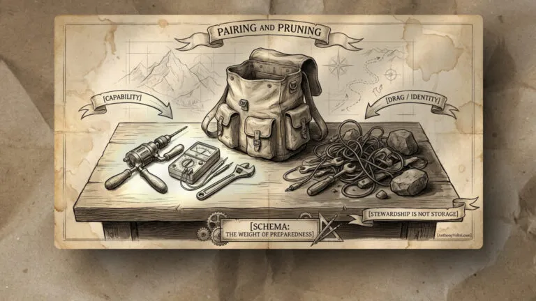 A detailed drawing shows a backpack on a wooden table, surrounded by tools on the left (drill, wrench, tape, camera) labeled “Capability,” and coiled rope with rocks on the right labeled “Drag/Identity.” A banner below reads “Schema: The Weight of Preparedness.”.