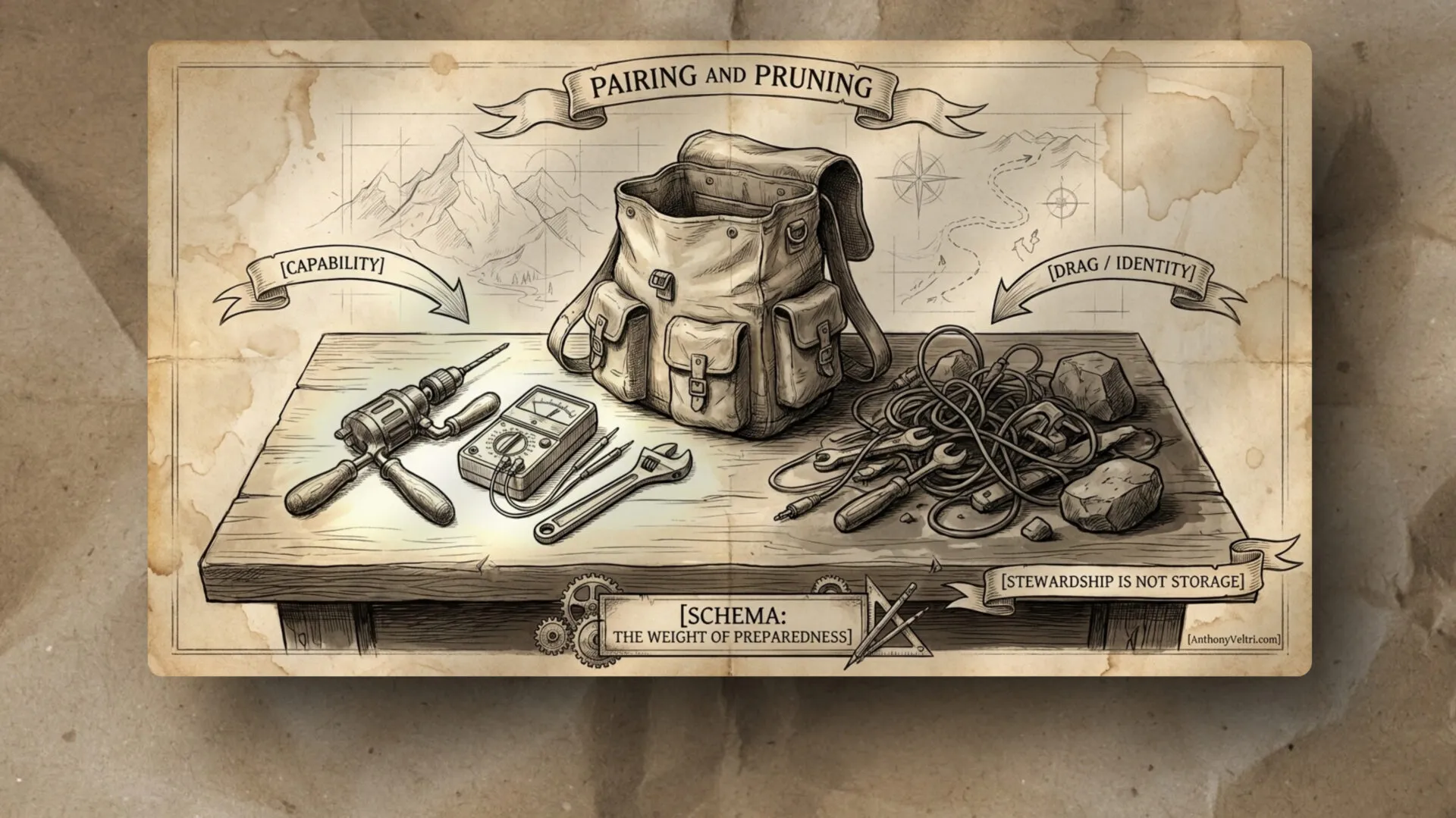 A detailed drawing shows a backpack on a wooden table, surrounded by tools on the left (drill, wrench, tape, camera) labeled “Capability,” and coiled rope with rocks on the right labeled “Drag/Identity.” A banner below reads “Schema: The Weight of Preparedness.”.