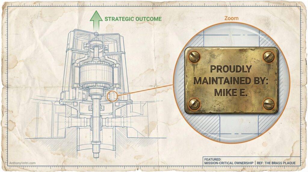 A technical blueprint of machinery points to a zoomed-in brass plaque that reads “PROUDLY MAINTAINED BY: MIKE E.” An arrow labeled “STRATEGIC OUTCOME” points upward. The paper has measurement markings and an aged, worn appearance.