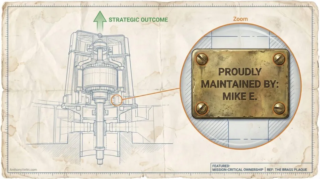 A technical blueprint of machinery points to a zoomed-in brass plaque that reads “PROUDLY MAINTAINED BY: MIKE E.” An arrow labeled “STRATEGIC OUTCOME” points upward. The paper has measurement markings and an aged, worn appearance.