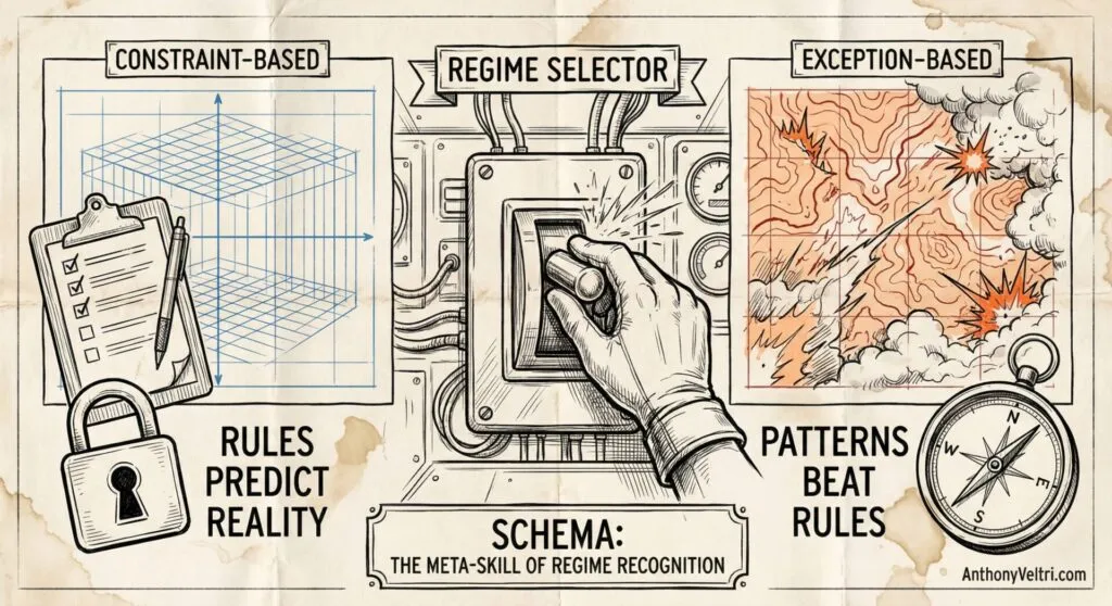 Hand turning a switch labeled "Regime Selector" between two panels: left shows a clipboard and padlock with "Constraint-Based: Rules Predict Reality"; right shows a compass and lightning with "Exception-Based: Patterns Beat Rules". Title: "Schema: The Meta-Skill of Regime Recognition".