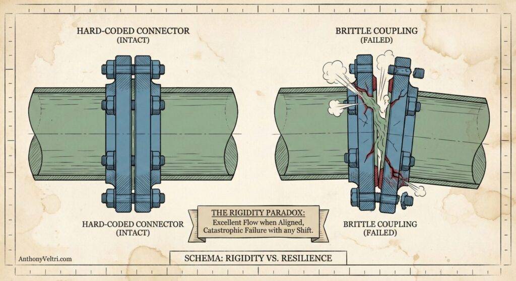 A diagram shows two pipe connections: the left has intact, aligned hard-coded connectors; the right has a failed, misaligned brittle coupling with cracks and leaks. Center text: "The Rigidity Paradox: Excellent Flow when Aligned, Catastrophic Failure with any Shift.