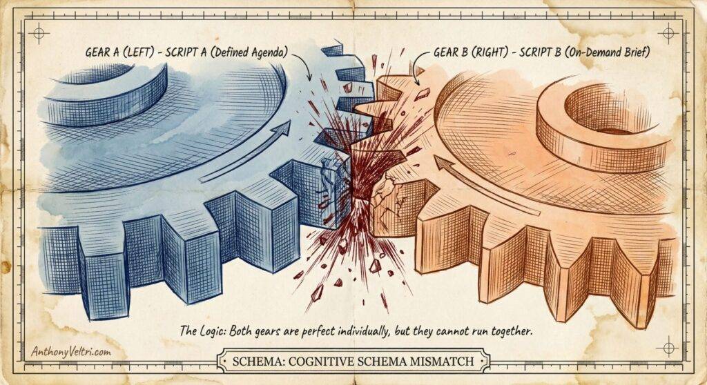 Two large gears, one blue (left, labeled "Defined Agenda") and one brown (right, labeled "On-Demand Brief"), clash and break apart at their teeth. Text below reads: "The Logic: Both gears are perfect individually, but they cannot run together.