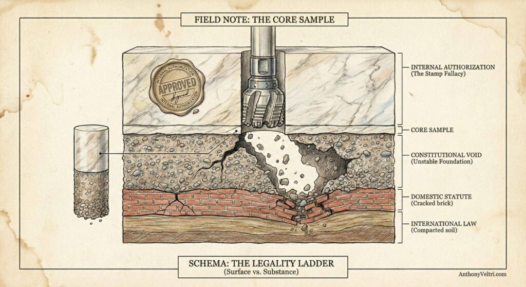 A labeled diagram shows a brick wall cross-section with layers: &ldquo;Internal Authorization,&rdquo; &ldquo;Domestic Statute,&rdquo; &ldquo;Constitutional Constraint,&rdquo; &ldquo;International Law/Treaty,&rdquo; and &ldquo;Legitimacy.&rdquo; A drill labeled &ldquo;Test Bore&rdquo; samples only the top, illustrating &ldquo;The Stamp&rdquo; Fallacy.