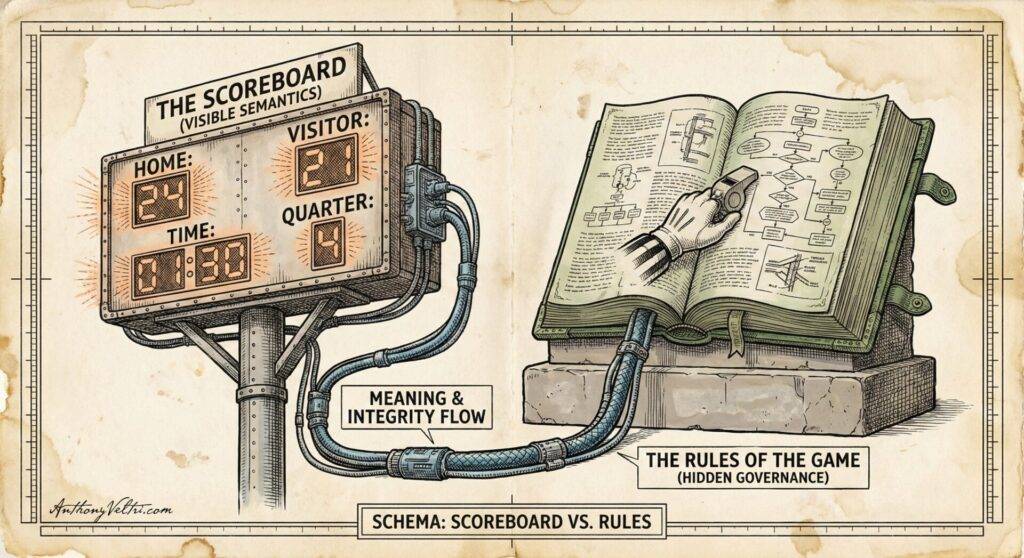 An illustration shows a digital scoreboard labeled "VISIBLE SEMANTICS" displaying scores and time, connected by cables to an open book labeled "THE RULES OF THE GAME (HIDDEN GOVERNANCE)" with flowcharts and a mechanical hand pointing. Labels show "Meaning & Integrity Flow.