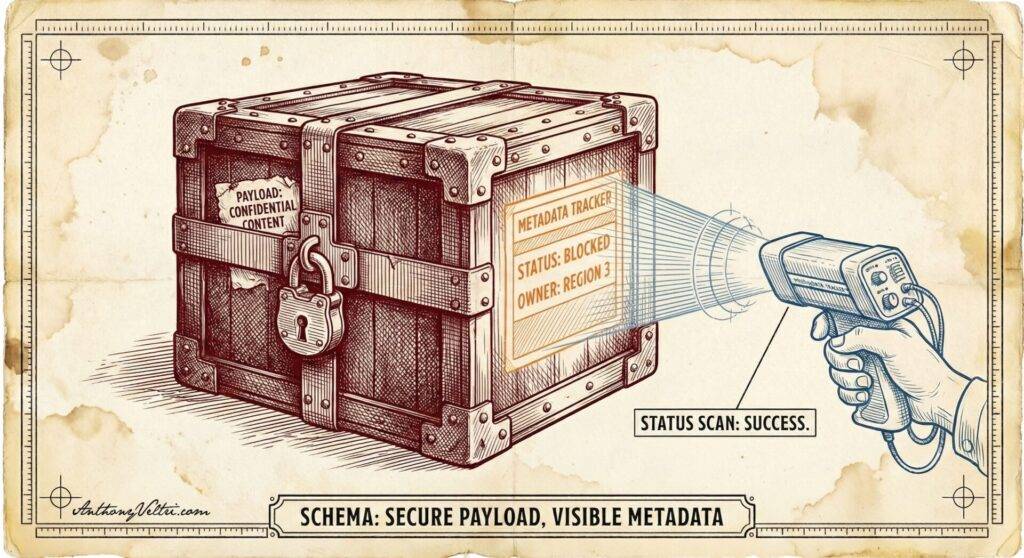 A hand scans a locked wooden crate labeled “Payload: Confidential Content.” A scanner reveals metadata: “Metadata Tracker, Status: Blocked, Owner: Recon XYZ.” Caption below reads, “Schema: Secure Payload, Visible Metadata.” Image has a vintage technical style.