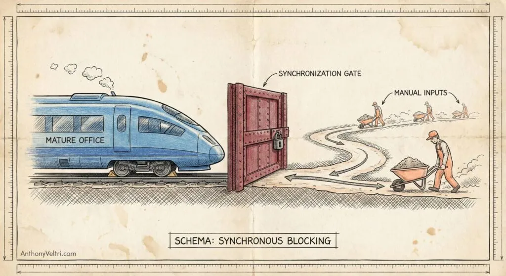 A blue train labeled "Mature Office" waits behind a large closed gate labeled "Synchronization Gate." Beyond the gate, workers with wheelbarrows follow a winding path labeled "Manual Inputs." Vintage, hand-drawn style with a beige background.