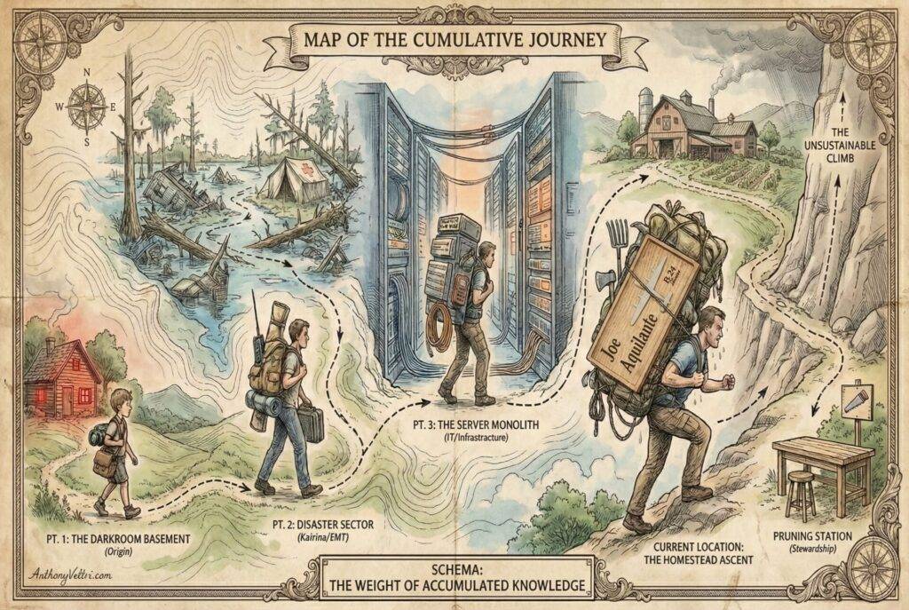 A vintage-style illustrated map shows a person’s journey carrying a huge backpack labeled “Knowledge.” The path starts in a basement, crosses a disaster zone, enters a server room, and climbs toward mountains, symbolizing the increasing weight of accumulated knowledge.