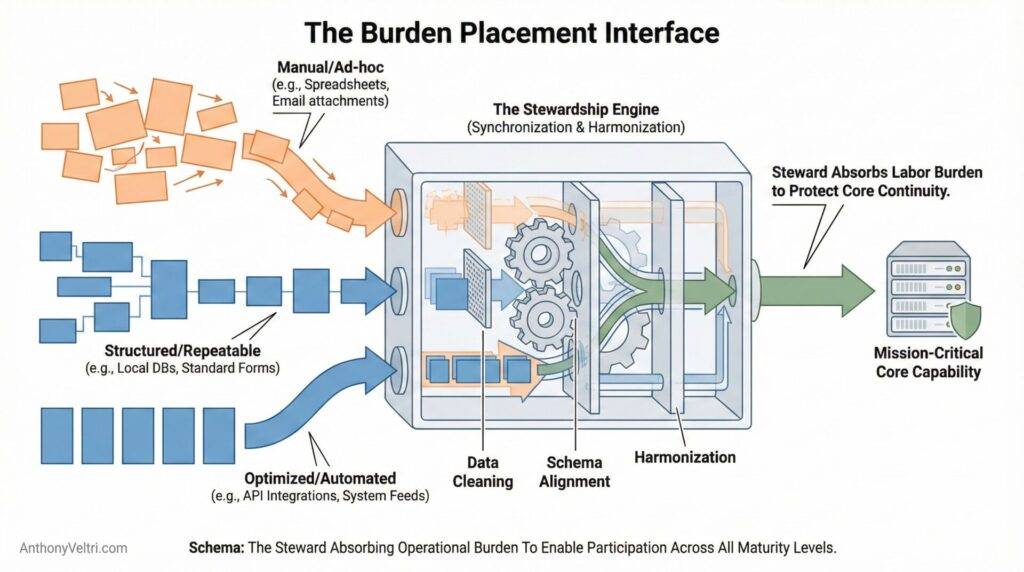 A flowchart titled "The Burden Placement Interface" shows manual and automated data sources entering a central processing box with gears representing data cleaning, schema alignment, and harmonization. This outputs steward-absorbed labor and mission-critical core capability.