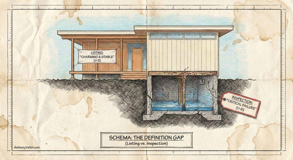 A cross-section drawing of a modern house highlights the contrast between its attractive exterior, labeled "Charming & Stable (List)," and a damaged, flooded foundation beneath labeled "Inspection: Critical Failure." The caption reads: "Schema: The Definition Gap (Listing vs. Inspection).