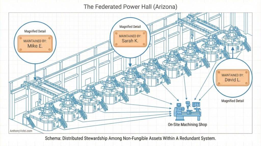 Diagram of a power hall with ten turbines in a row. Each group of turbines is maintained by a different person, highlighted in labeled circles: Mike E., Sarah K., and David L. Below is a labeled on-site machining shop. Title and schema details are included.