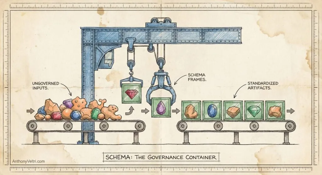 A conveyor belt carries irregular, colorful objects labeled “Ungoverned Inputs” to a robotic arm that passes them through a cube frame labeled “Schema Frames,” turning them into neatly shaped gems labeled “Standardized Artifacts.” The diagram is titled “SCHEMA: THE GOVERNANCE CONTAINER.”.