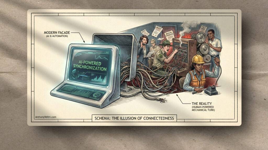 A retro computer shows “AI-powered synchronization” on its screen. Wires lead from it to a chaotic scene behind: stressed workers do paperwork, answer phones, and operate machinery, illustrating humans managing tasks behind the gloss of AI automation.