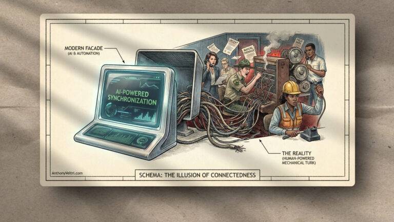 A retro computer shows “AI-powered synchronization” on its screen. Wires lead from it to a chaotic scene behind: stressed workers do paperwork, answer phones, and operate machinery, illustrating humans managing tasks behind the gloss of AI automation.